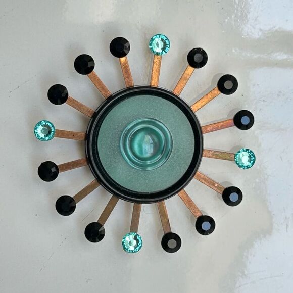 Vintage Upcycled Atomic Starburst Refrigerator Magnet Buttons Rhinestones Teal B - Picture 1 of 5
